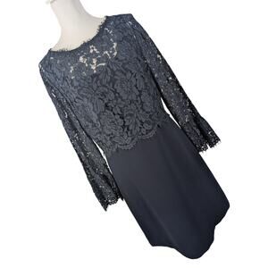 TALBOTS RSVP! STUNNING NAVY BLUE LACE OVER STRETCH PONTE LONG SLEEVE DRESS! 10